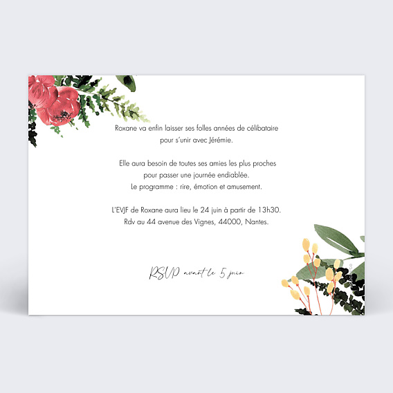 Carte invitation EVJF Wild Flowers Verso