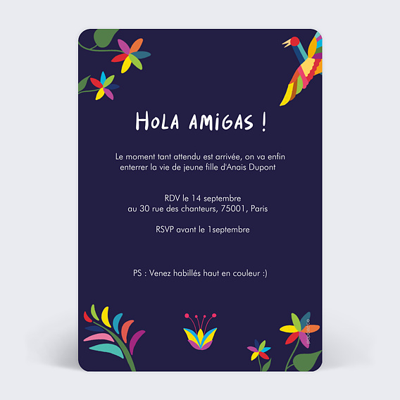 Carte invitation EVJF Viva Mexico Verso