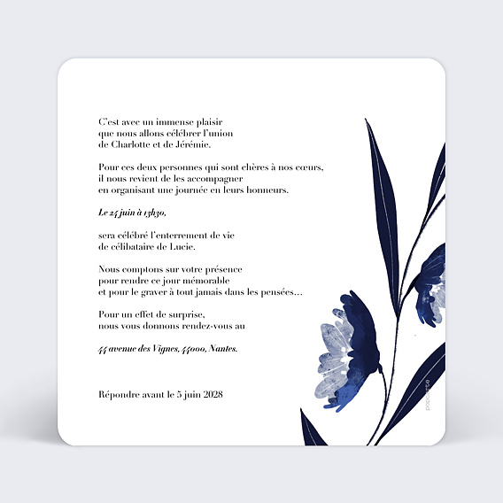 Carte invitation EVJF Fleurs Bleues Aquarelle Verso