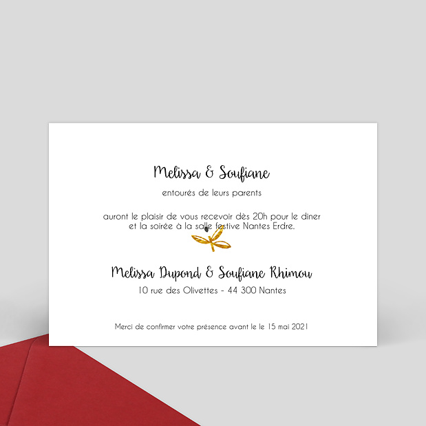 Carte d'invitation de mariage Branche d'Olivier Verso