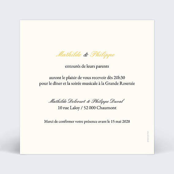 Cartes invitation mariage Musique Verso