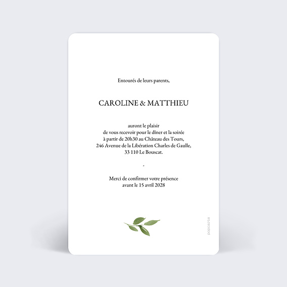 Cartes invitation mariage Aquarelle Botanique Verso