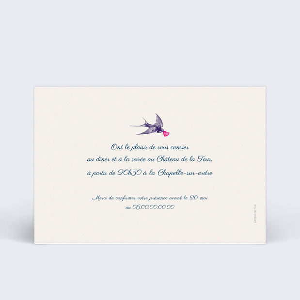 Carte Invitation Mariage Hirondelle d'Amour Verso