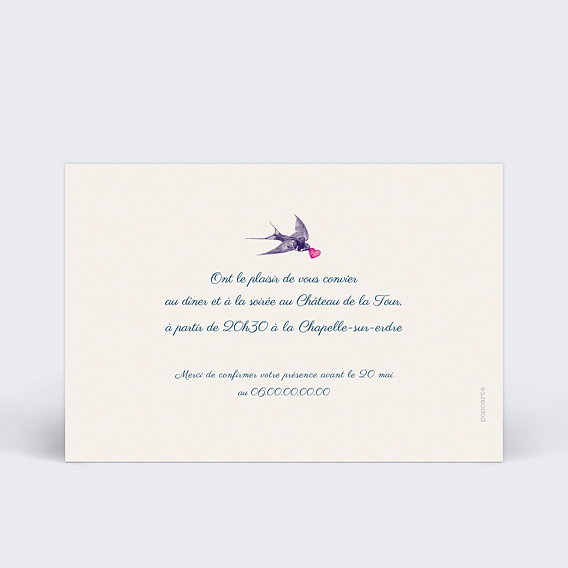 Cartes invitation mariage Hirondelle d'Amour Verso