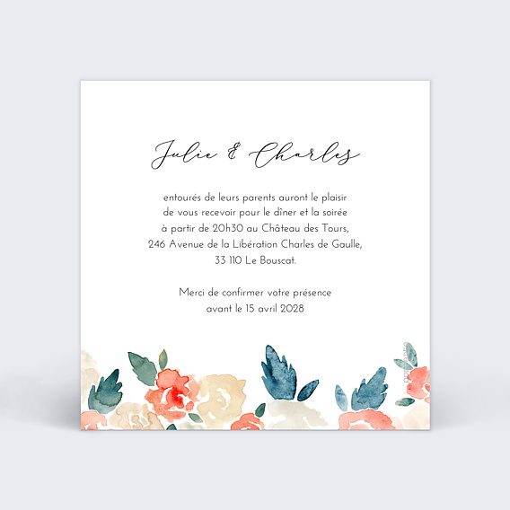 Cartes invitation mariage Envolée Florale Verso