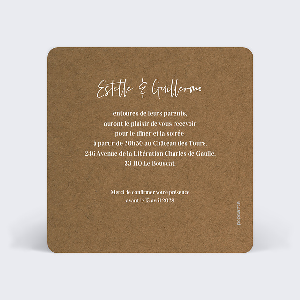 Carte d'invitation de mariage Bohème Verso