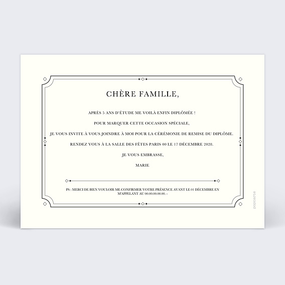 Carte d'invitation Diplôme Verso