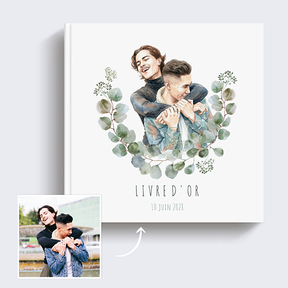 Livre d’or mariage Portrait en aquarelle avec couronne eucalyptus