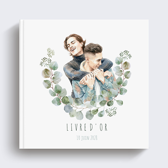 Livre d’or mariage Portrait en aquarelle avec couronne eucalyptus