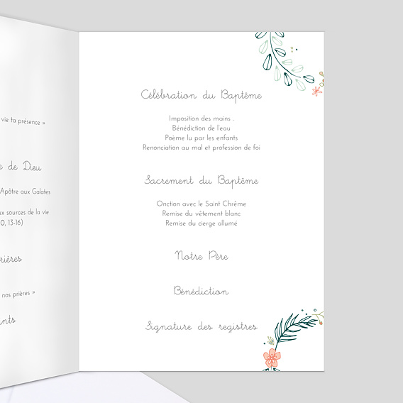 Livret de messe baptême  Couronne de fleurs Intérieur Droit