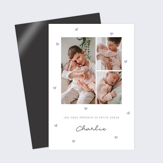 Magnet faire-part naissance Motif Coeur Lilas