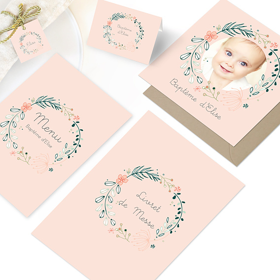 Marque-place baptême Couronne de fleurs Après 4