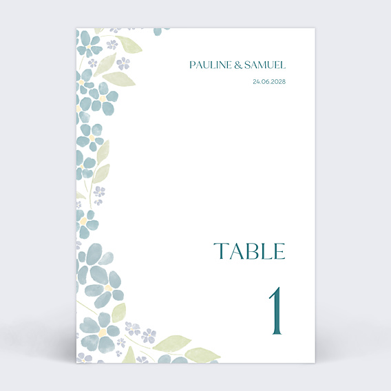 Marque-table mariage Petites fleurs bleues