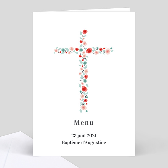 Menu de baptême Croix fleurie