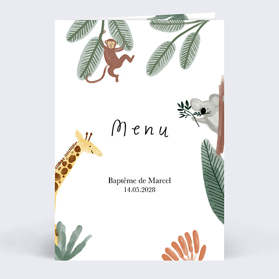 Menu Baptême Amis de la jungle