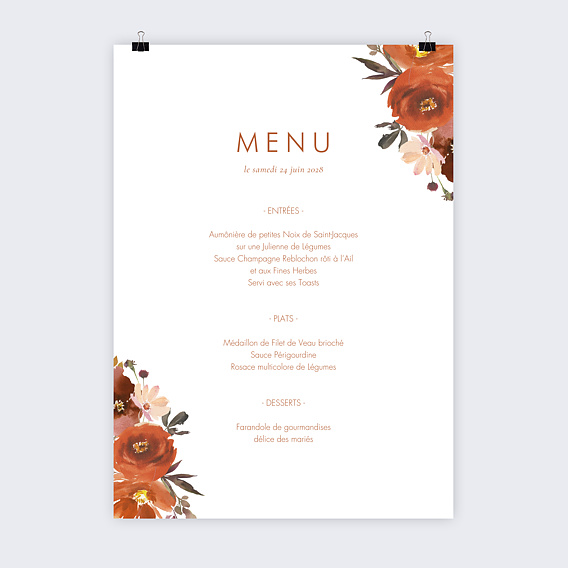 Menu mariage Poster Fleurs Oranges