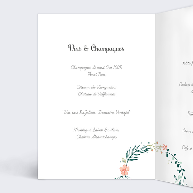 Menu de mariage couronne de fleurs Intérieur Gauche