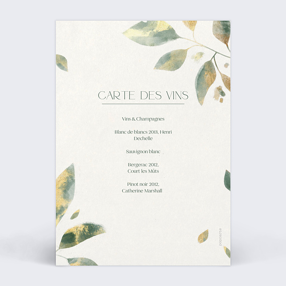 Menu mariage Feuilles de Jade Verso