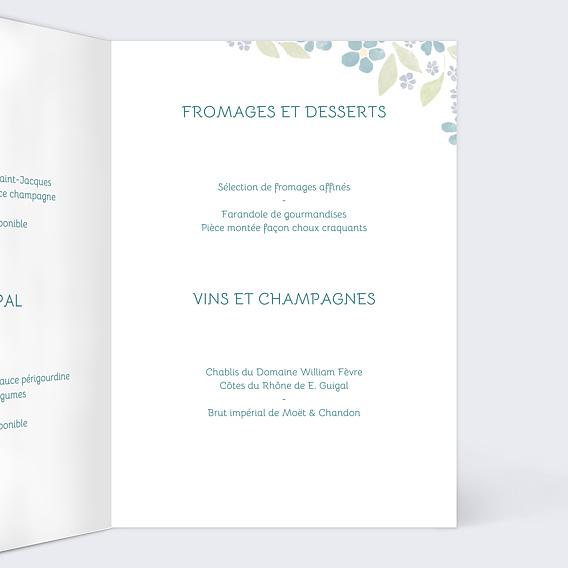Menu mariage Petites fleurs bleues Intérieur Droit