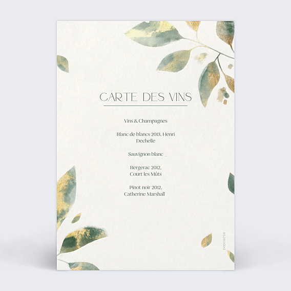 Menu Mariage Feuilles de Jade