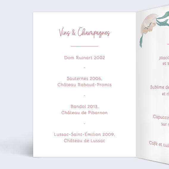 Menu mariage Bohème Chic Intérieur Gauche