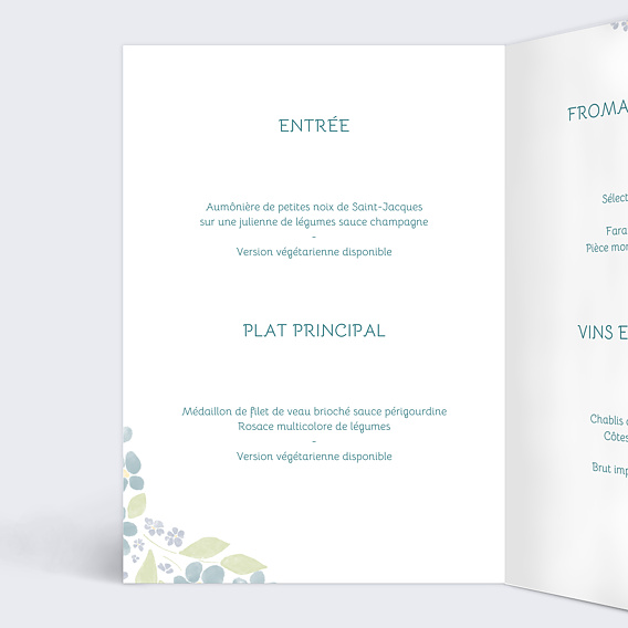 Menu mariage Petites fleurs bleues Intérieur Gauche