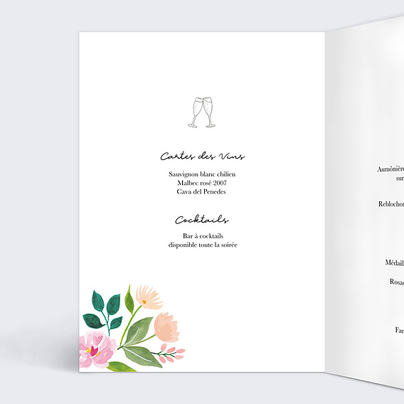 Menu mariage Couronne Champêtre Aquarelle Intérieur Gauche