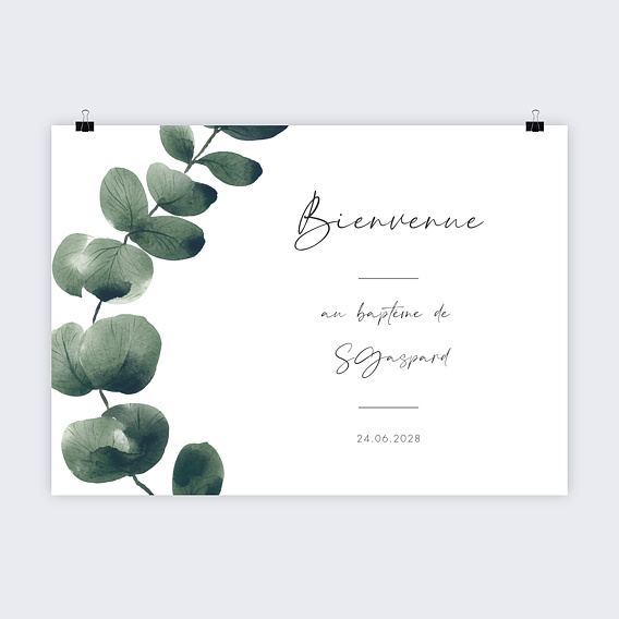 Panneau bienvenue baptême Branche d'eucalyptus