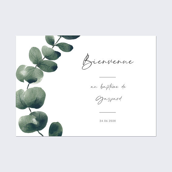 Panneau bienvenue baptême Branche d'eucalyptus