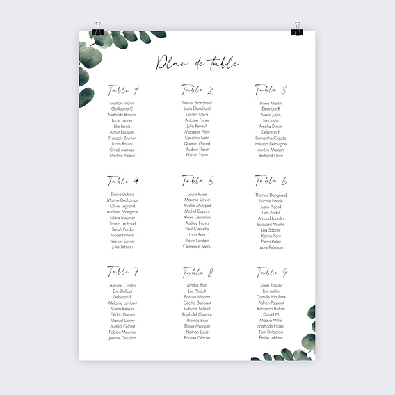 Plan de table mariage Branche d'Eucalyptus