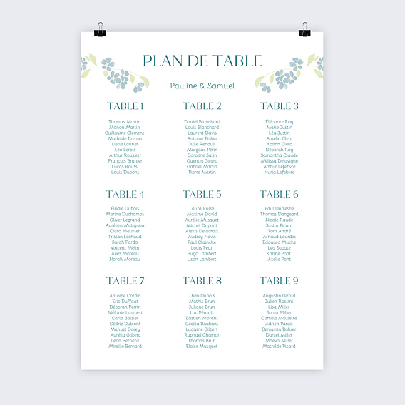 Plan de table mariage Petites fleurs bleues