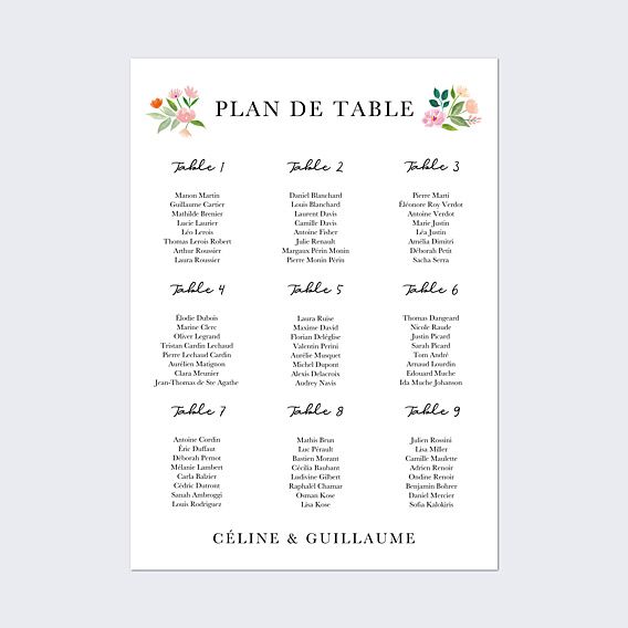 Plan de Table Mariage Couronne Champêtre Aquarelle