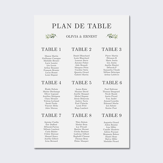 Plan de Table Mariage Végétal Classique