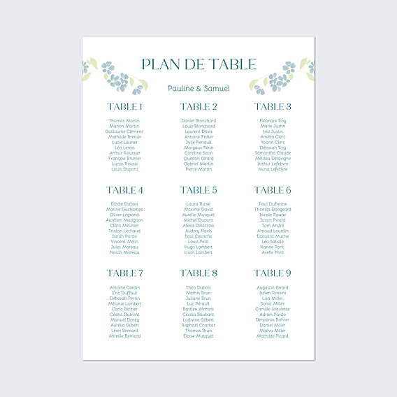 Plan de Table Mariage Petites fleurs bleues
