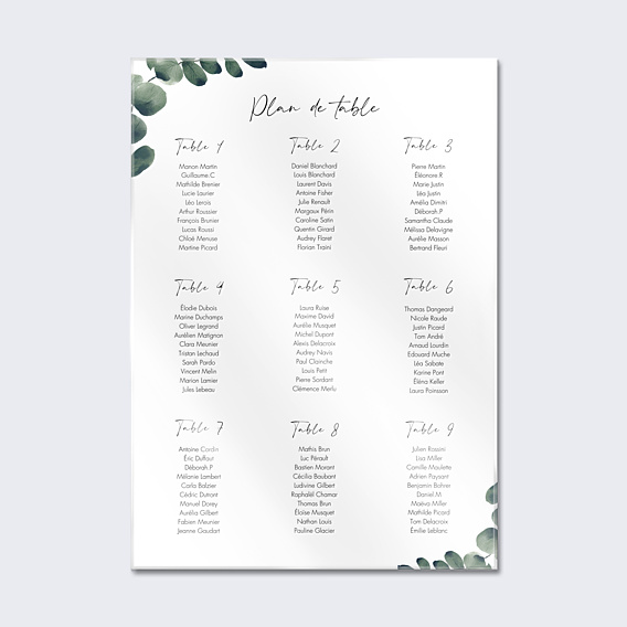 Plan de Table Mariage Branche d'Eucalyptus