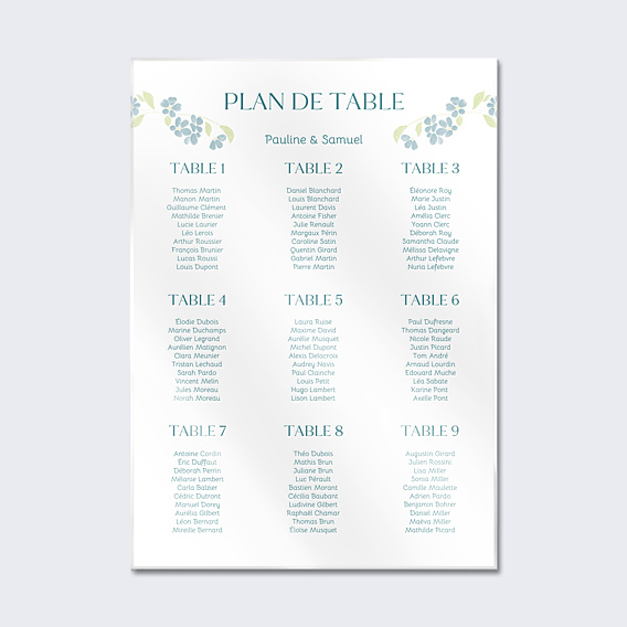 Plan de Table Mariage Petites fleurs bleues