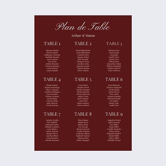 Plan de Table Mariage Amour passionnel