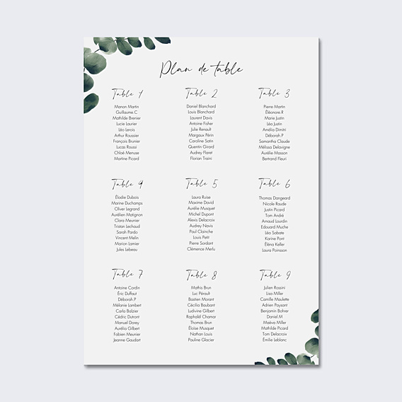 Plan de Table Mariage Branche d'Eucalyptus
