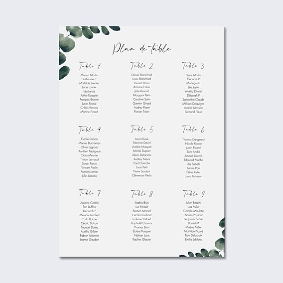 Plan de Table Mariage Branche d'Eucalyptus