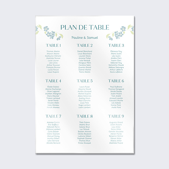 Plan de Table Mariage Petites fleurs bleues