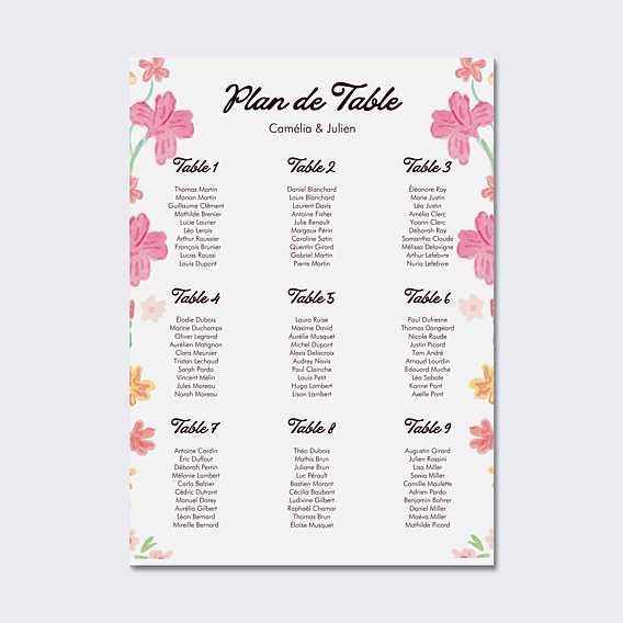 Plan de Table Mariage Jardin botanique