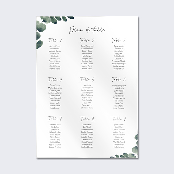 Plan de Table Mariage Branche d'Eucalyptus