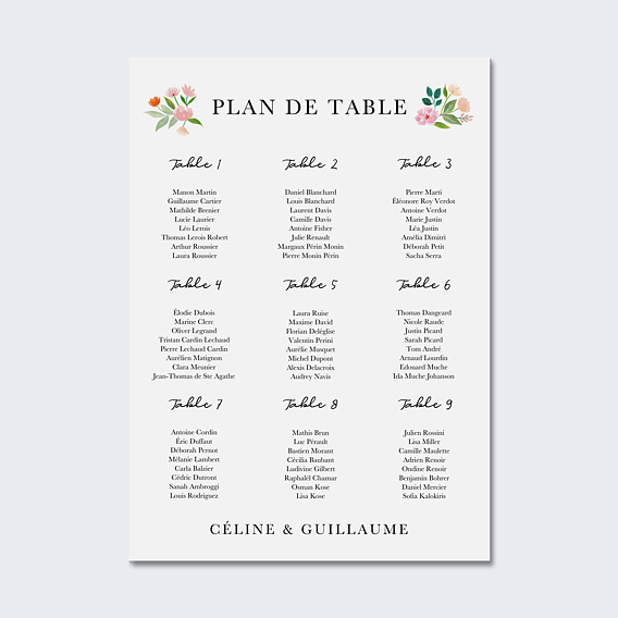 Plan de Table Mariage Couronne Champêtre Aquarelle