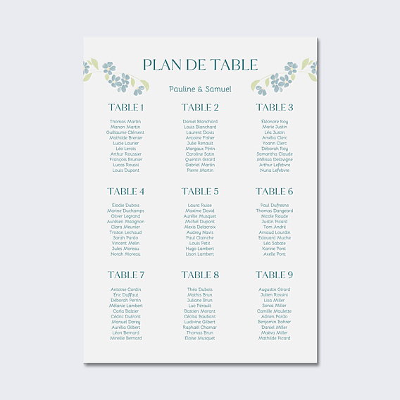 Plan de Table Mariage Petites fleurs bleues