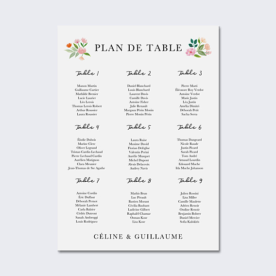 Plan de Table Mariage Couronne Champêtre Aquarelle