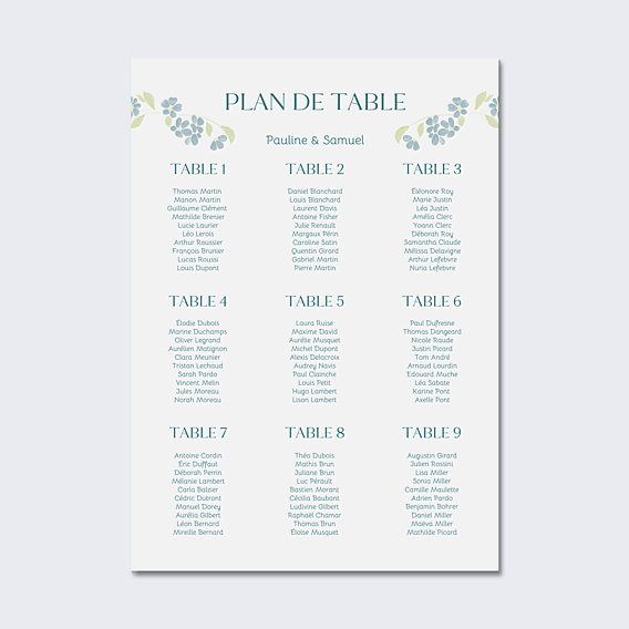 Plan de Table Mariage Petites fleurs bleues