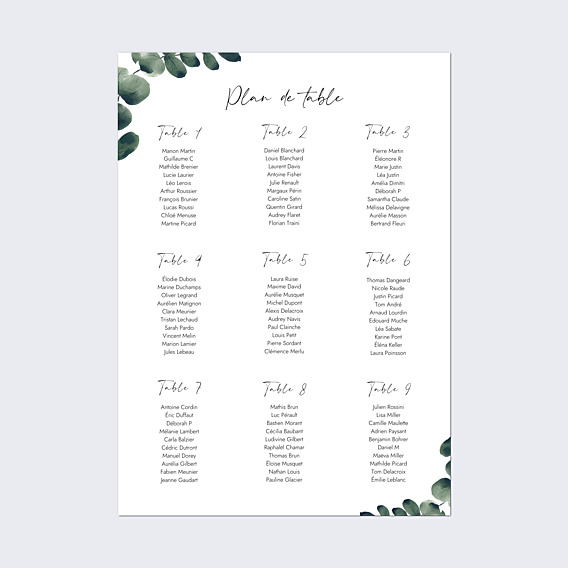 Plan de Table Mariage Branche d'Eucalyptus