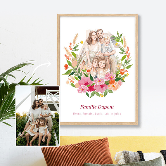 Poster famille Portrait en aquarelle avec couronne champêtre