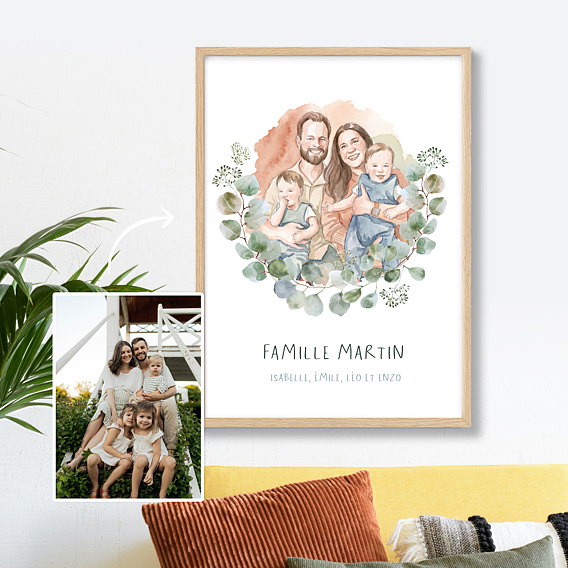 Affiche famille Portrait en aquarelle avec couronne eucalyptus