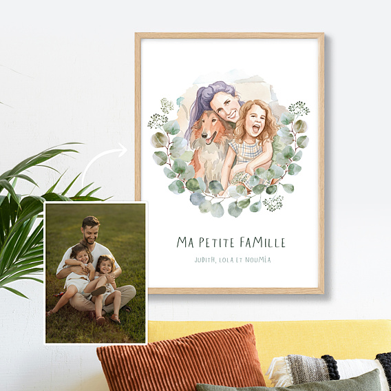 Poster famille Portrait en aquarelle avec couronne eucalyptus